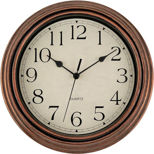 Foxtop Vintage Copper Wall Clock 12 Inch Silent Non Ticking Battery Operated Quartz Round Retro Wall Clock Decorative for Kitchen Bedroom Living Room Office Classroom