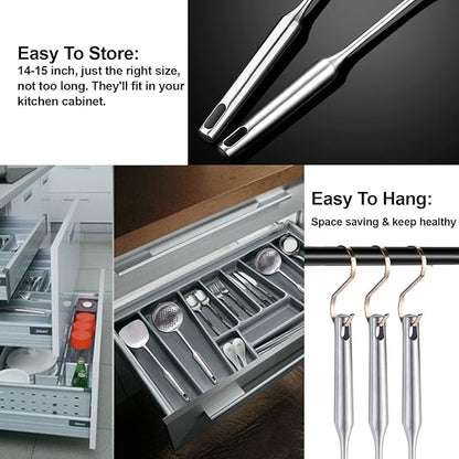 18/10 Stainless Steel Kitchen Utensils, 9 PCS Metal Cooking Utensils Set 15", Solid and Slotted Spoon, Fork, Spatula, Ladle, Skimmer, Slotted Spatula Tunner, Spaghetti Large Spoon