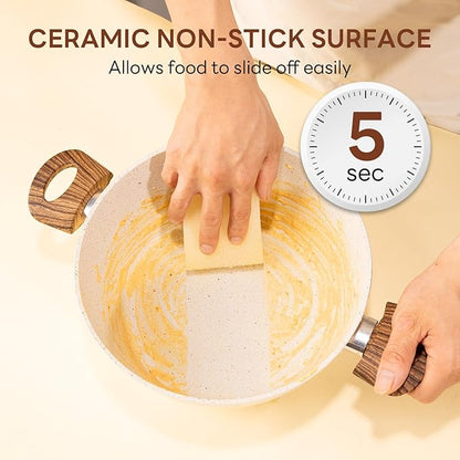 Sweetcrispy 17 Pcs Nonstick Pots and Pans, Non-toxic Kitchen Cooking Set, Induction Cookware Sets with Stay-Cool Handles, Beige