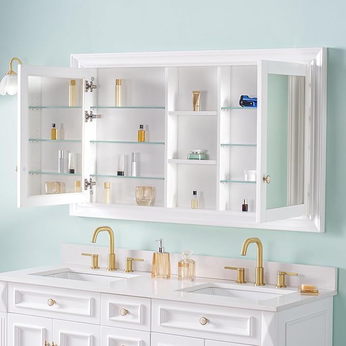 WELLFOR 55"x 32" Bathroom Medicine Cabinet with Dual Mirrors, Recessed Wood Medicine Cabinet with Built-in 6-Tier Adjustable Glass Shelves and 2 Soft-Close Doors, Recessed Mount Only