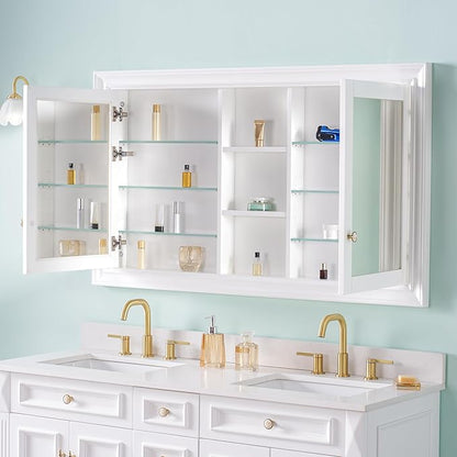 WELLFOR 55"x 32" Bathroom Medicine Cabinet with Dual Mirrors, Recessed Wood Medicine Cabinet with Built-in 6-Tier Adjustable Glass Shelves and 2 Soft-Close Doors, Recessed Mount Only