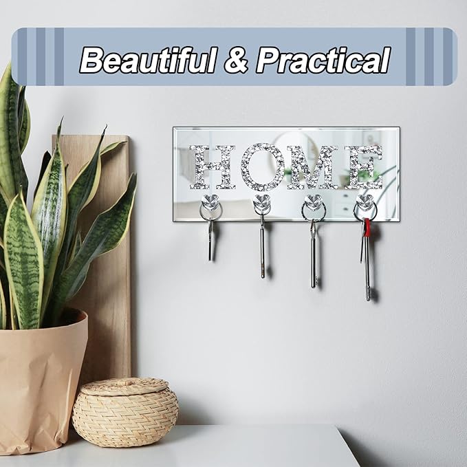 Keys Holder on Wall Crush Diamond Mirrored Home Letter Plaque Sign Wall Mounted Clear Heart Shape Hooks Key Hanger Christmas Gift Door Bookshelf Decorative