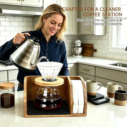 Acacia Wood Coffee Bar Station Organizer Stand, Wooden Pour Over Maker Caddy Storage Organizers, Coffee Filter Holder for Countertop with Heatproof Mat (9.4*7*5.1 inch) Glass Coffee Maker not included