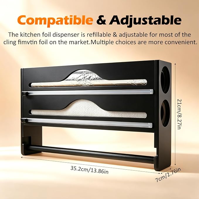 Plastic Wrap Dispenser with Cutter, 3 in 1 Tin Foil Wrap Dispenser Wall-Mounted Organizer for Baking Paper, Foil Dispenser with Cutter Wax Paper Holder Kitchen Storage Box (black)