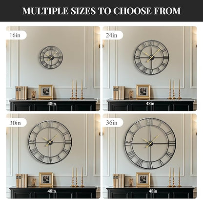 30 Inch Large Wall Clock, Modern Decorative Wall Clocks Silent Non Ticking Battery-Operated, Black Metal Round Clock for Living Room Kitchen Office Mantel - Roman Number
