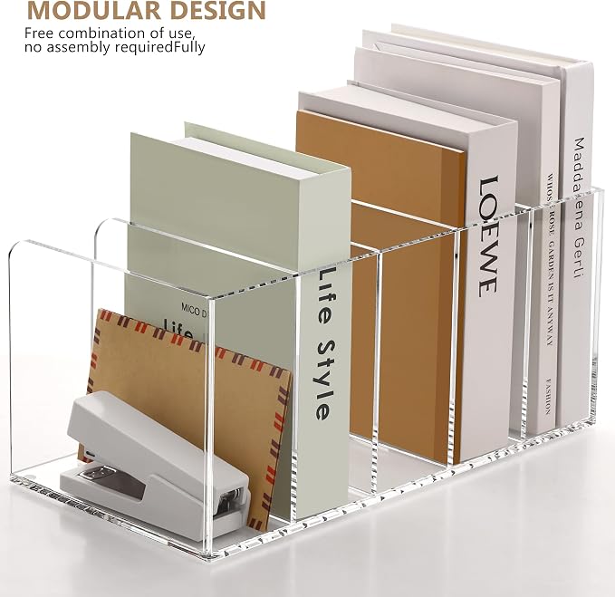 SANRUI Acrylic Magazine Holder Desk Organizer Workspace Sorters, Clear Bookend File Sorter Folder Rack For Home Office Accessories Organization Storage with 5 Vertical Compartments