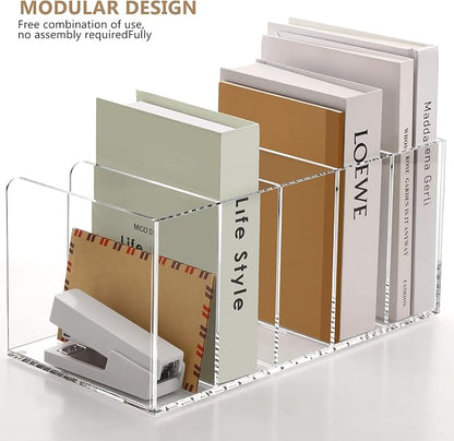 SANRUI Acrylic Magazine Holder Desk Organizer Workspace Sorters, Clear Bookend File Sorter Folder Rack For Home Office Accessories Organization Storage with 5 Vertical Compartments