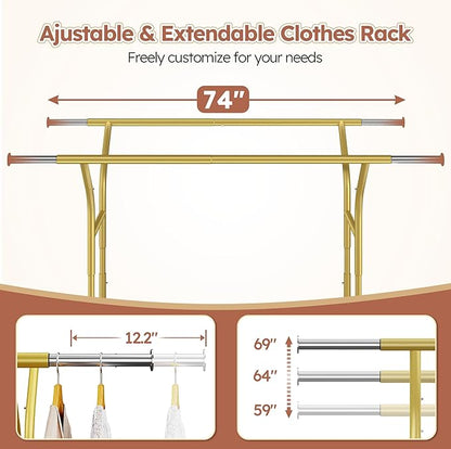 Raybee 74" W Heavy Duty Clothes Rack, Double Rods Gold Clothing Rack Load 630 LBS, Rolling Clothes Racks for Hanging Clothes 400+, Garment Rack with shelves for Bedroom, Laundry Room, Retail Store
