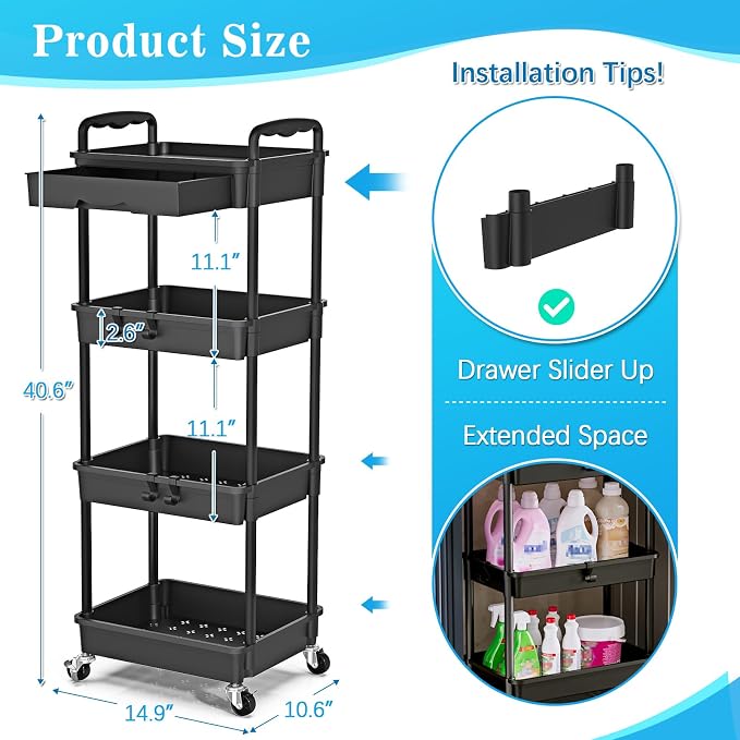 SUNALLY 4 Tier Rolling Utility Cart with Drawer, Storage Organizer Cart with 2 Lockable Wheels, Multifunctional Rolling Storage Cart for Bathroom, Kitchen, Craft, Makeup, Baby Essentials, Black