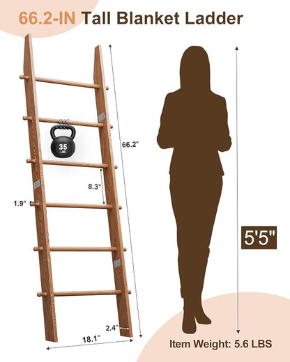 TEAKMAMA 6-Tier Blanket Ladder with Hanging Knobs,5.5 Ft Wall Leaning Blanket Ladders for Living Room Bedroom,Rustic Decorative Storage for Quilts,Throws,Easy to Assemble,Honey Brown