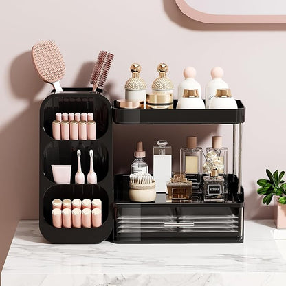 UFORU Makeup Organizer for Vanity with Brush Holder, 2 Tiers Countertop Skincare, Cologne Organizer and Perfume Stand for Men Bathroom Vanity, Large Capacity Makeup Storage, Black