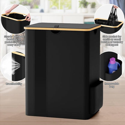 BlissTotes Laundry Basket with Lid, 150L Clothes Laundry Hamper with Handles and 2 Removable Laundry Bags, Breathable Design Hamper with Lid for Bedroom, Bathroom, Dorm, Laundry Room -Black