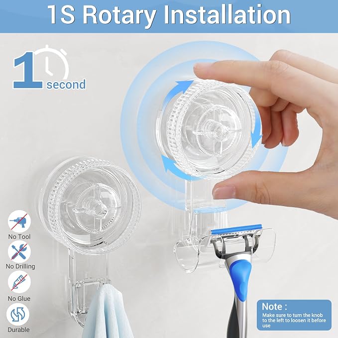 LUXEAR Suction Cup Hook, 2Pack Shower Suction Hanger, 1 Single & 1 Razor Waterproof Shower Hook for Bathroom