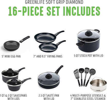 GreenLife 16 Piece Nonstick Cookware Set, Soft Grip Non-Toxic PFAS-Free Ceramic Pots & Pans, Dishwasher & Oven Safe, Frying, Sauce, Saute, Utensils, Glass Lids, Stay-Cool Handles, Wobble Free, Black