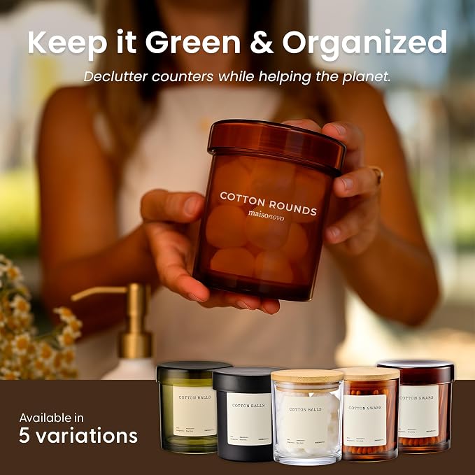 Maisonovo Glass Bathroom Containers with Lids (Airtight) - Qtip Holder - Apothecary Jars for Cotton Rounds, Swabs, Balls, Pads - Amber Q Tip Dispenser - 2 pcs Bathroom Canisters Set for Organization