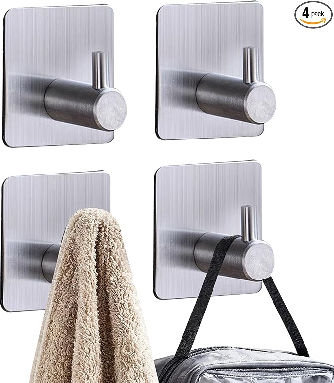 Silver Adhesive Towel Hooks Heavy Duty Stick on Wall Hooks Shower Hooks for Bathroom Kitchen Door-4 Packs