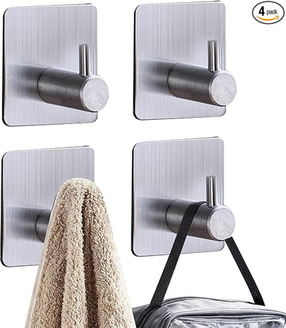 Silver Adhesive Towel Hooks Heavy Duty Stick on Wall Hooks Shower Hooks for Bathroom Kitchen Door-4 Packs