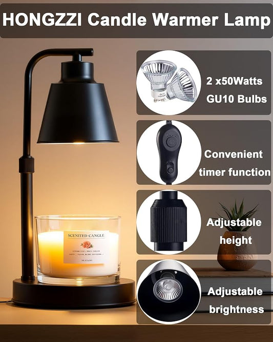 Candle Warmer Lamp with Timer - Adjustable Height & Brightness, 2 Bulbs Included - Flameless Wax Melter for Home