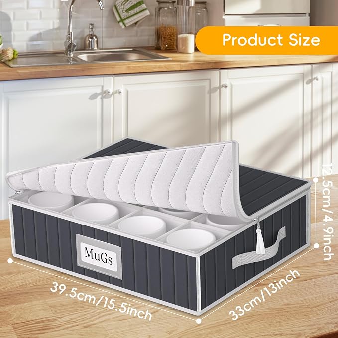 Mug and Cup Storage Box with Dividers - 2 Pack China Storage Bin Containers Holds 24 Glassware, Stackable Coffee Mug Organizer Bin and Tea Cup with 2 Metal Zipper,Label and Handles (Grey)