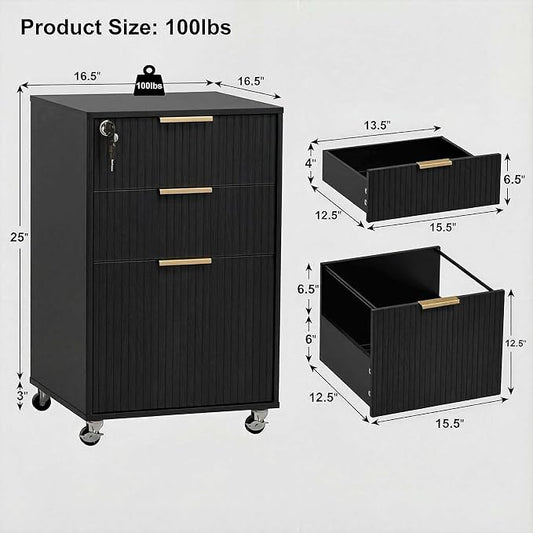 3 Drawers Fluted Mobile File Cabinet with Lock, Rolling File Cabinet Printer Stand Table, Under Desk Wooden Filing Cabinets for Home Office Essentials Storage Organization Furniture Letters/A4(Black)