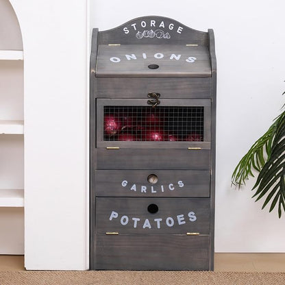 ARTAWEIN Potato Storage Bin Wall-mountable Potato Box with Lid Rustic and Garlic Drawer Onion Organizer with Grocery Section Decorative Vegetable Organization Cabinet for Kitchen