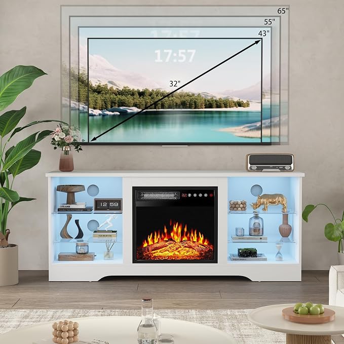 PRETZI Fireplace TV Stand with 18" Fireplace Up to 65" TVs, 58" Entertainment Center with LED Lights, TV Media Console with Adjustable Glass Shelves and Storage Cabinets for Living Room, White