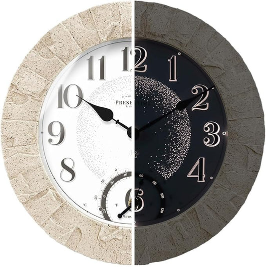 Presentime & Co 14" Illuminated in/Outdoor Clock with Smart Sensor and Night Light, Waterproof, Large Wall Clock with Thermometer & Hygrometer, for Garden and Patio - Coastal Sandstone Finish.