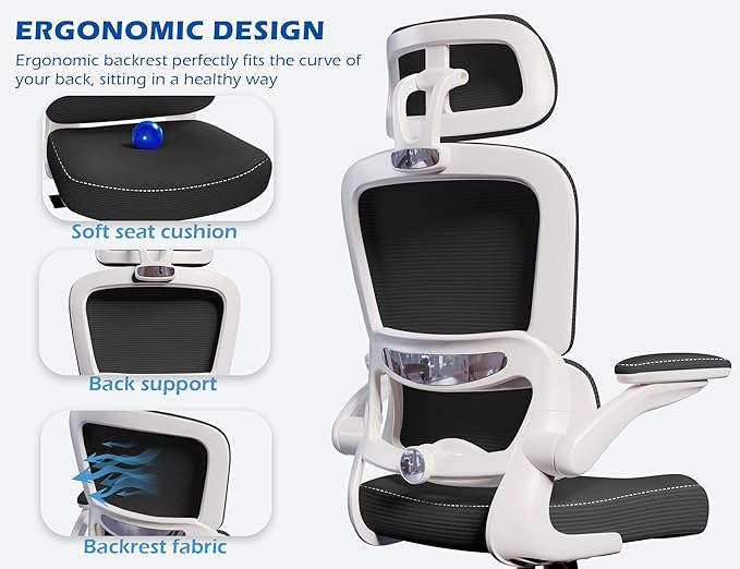 TRALT Ergonomic Office Chair - Desk Chair with Adjustable Headrest Lumbar Support Computer Chair - Mesh Comfy Chair with Flip-up Armrests - Gaming Chairs for Adults Home Office (Leather, Black White)