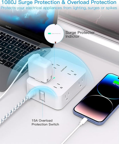 10 Ft Surge Protector Power Strip, HANYCONY Extension Cord with 8 AC Outlets 4 USB (2 USB C) Ports, Flat Plug, Wall Mount Desk USB Charging Station for Home
