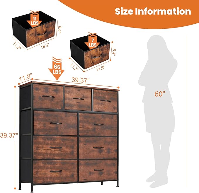 Sweetcrispy Dresser for Bedroom with 9 Storage Drawers, Large Fabric Storage Tower Organizer, Chest of Drawers with Metal Frame Wooden Top for Closet, Living Room, Entryway, Brown