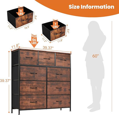 Sweetcrispy Dresser for Bedroom with 9 Storage Drawers, Large Fabric Storage Tower Organizer, Chest of Drawers with Metal Frame Wooden Top for Closet, Living Room, Entryway, Brown