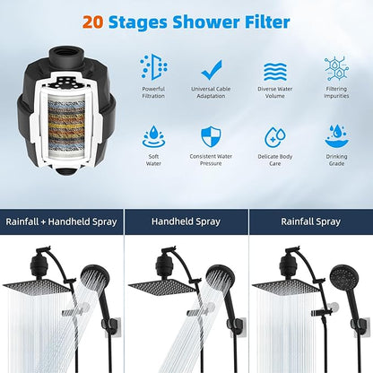 Hibbent All Metal 10'' Dual Filtered Rainfall Shower Head Combo, High Pressure Handheld Shower Head with 16'' Adjustable Extension Arm, 20 Stage Shower Filter, 10-spray, 71'' Shower Hose, Matte Black