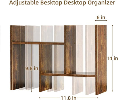 TY ARTS & CULTURE - Expandable Wood Desktop Storage Organizer Multipurpose Desk Bookshelf Display Shelf Rack Counter Top Bookcase for Office Home | Natural Brown