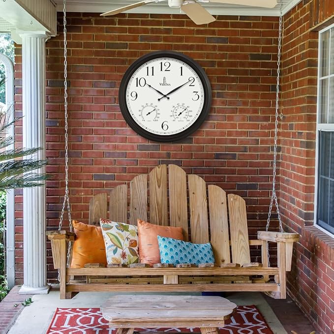 24 inch Outdoor Clocks for Patio Large Waterproof with Thermometer - Black Outdoor Wall Clock with Temperature and Humidity Combo - Weatherproof, Accurate & Easy to Read for Pool, Garden & Home Decor