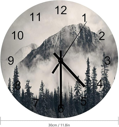 Scenic Nature Wall Clock Silent Non Ticking Battery Operated, Mountain Misty Forest Tree Scenery Foggy Woodland Landscape Clock Decorative for Bathroom Kitchen Bedroom Living Room(12 Inch)