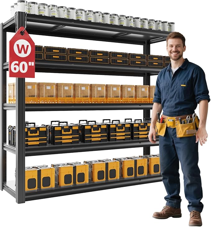 VDEVY 60" W Garage Shelving Heavy Duty,5 Tier Storage Shelves,3030LBS Adjustable Shelf Unit, Metal Garage Shelving for Warehouse Industrial Basement, 72" H × 60" W × 24" D, Black