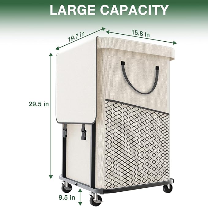 40 Gal(150L) Laundry Basket with Lid, Rolling Laundry Hamper with Wheels, Dirty Clothes Hamper with Metal Frame and Removable Bag Design, Suitable for Laundry Room, Bedroom - White