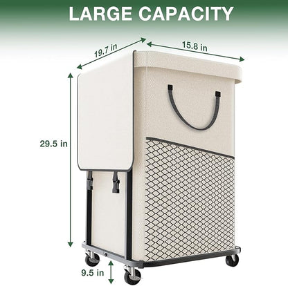 40 Gal(150L) Laundry Basket with Lid, Rolling Laundry Hamper with Wheels, Dirty Clothes Hamper with Metal Frame and Removable Bag Design, Suitable for Laundry Room, Bedroom - White