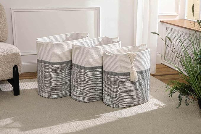 Tall Laundry Basket With Handles,Woven Cotton Rope Big Laundry Hamper Sorters,Versatile Storage for Dirty Clothes,Baby Toys,and Blankets in Bathroom, Nursery,and Living Room (White/Gray, 68L)