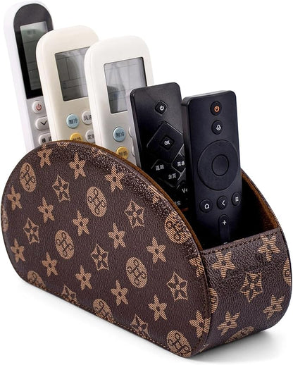 Remote Control Holders Organizer Box with 5 Compartment PU Leather Multi-functional Office Desk Storage Caddy Store Tv Remote for Media Player,Brush,Pencil,Glassees&Office Supplies (Brown+KhakiF)