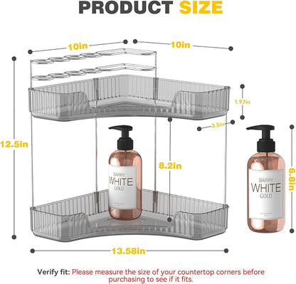 Asayuee 2-Tier Corner Bathroom Counter Organizer with Top Toothbrush Holders,Large Makeup Organizer Countertop with Brush Holder,Skincare Organizers Corner,Exquisite Vanity Organizer (Gray, 2 Tier)