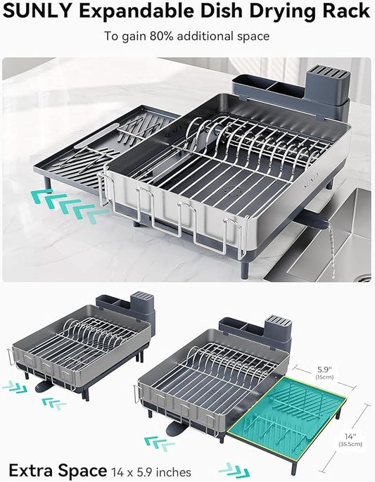 SUNLY Large Dish Drying Rack, Expandable Dish Racks for Kitchen Counter, Space Saving 304 Stainless Steel Drying Rack Kitchen, Extra Large Drainer with Multifunctional Flip Up Pegs, Gray