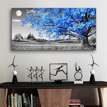 large wall art for living room Blue moon tree landscape Abstract painting office bedroom Wall Decor 30" x 60" single Pieces Canvas Prints Ready to Hang for Home Decoration Black and white Works of art