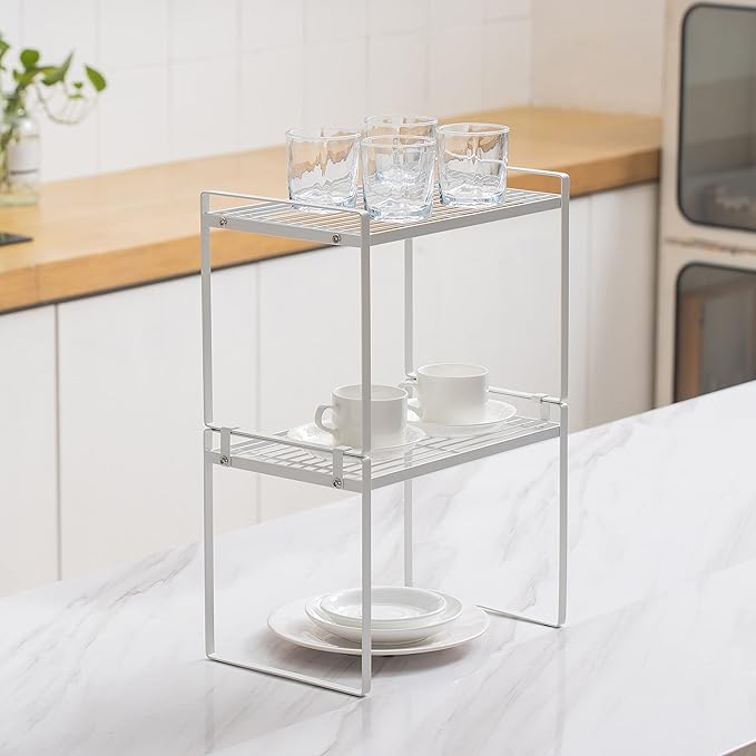 Shantton 2Pack Kitchen Cabinet Shelf Counter Organizer Rack Pantry Storage Bathroom Bedroom Office Table Desk Space Saving Stackable Rust Resistant Non Slip White Tall Wide L13.1in W10.6in H9.5in