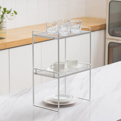 Shantton 2Pack Kitchen Cabinet Shelf Counter Organizer Rack Pantry Storage Bathroom Bedroom Office Table Desk Space Saving Stackable Rust Resistant Non Slip White Tall Wide L13.1in W10.6in H9.5in