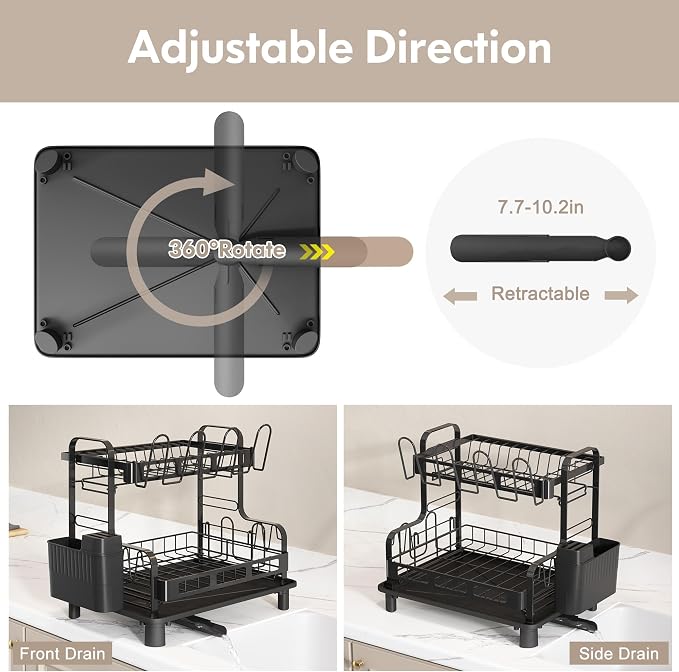 BOOSINY Dish Drying Rack, 2 Tier Large Stainless Steel Black Dish Rack with Drainboard Set for Kitchen Counter, Space Saving Plates Drainer Rack with Cups Holder & Utensil Holder, Dish Strainer Holder