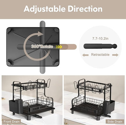 BOOSINY Dish Drying Rack, 2 Tier Large Stainless Steel Black Dish Rack with Drainboard Set for Kitchen Counter, Space Saving Plates Drainer Rack with Cups Holder & Utensil Holder, Dish Strainer Holder