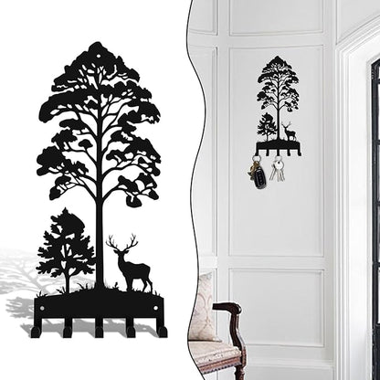 Key Holder for Wall, Metal Key Holder Hooks Organizer Rack, Key Organizer Wall Decorative with 5 Hooks for Entryway, Front Door, Hallway, Bedroom, Office (12 Inches, Deer, Tree)