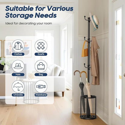 Coat Rack Freestanding, Black Coat Rack with Umbrella Holder, standing hat rack umbrella stand for entryway, coat hanger stand with 12 Hooks, office coat tree for Hat, Umbrella, jacket, Bag, Clothes