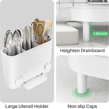 SAYZH Dish Drying Rack - Expandable Dish Rack for Kitchen Counter, Rust-Resistant Dish Drainer with Utensil Holder and Raised Guardrail, Kitchen Organizer for Cup and Bottle (White)